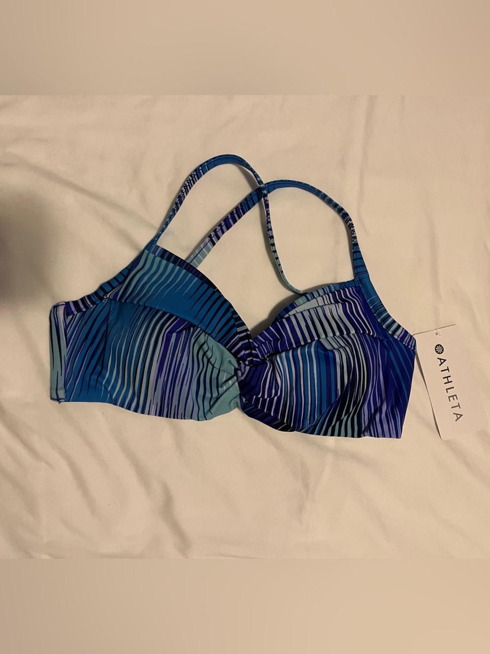 Athleta Blue-Teal Striped Twist Front bikini top